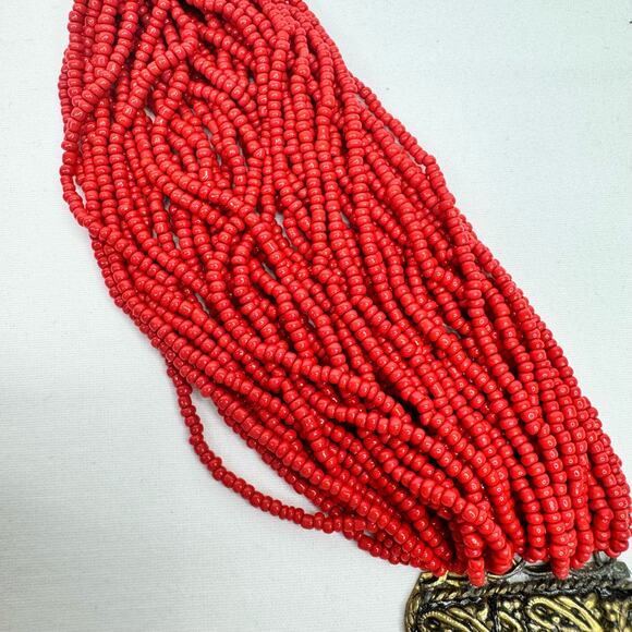 Multistrand Statement Necklace Orange Seed Bead Gold Tone Metal Plates Tribal - Picture 3 of 7